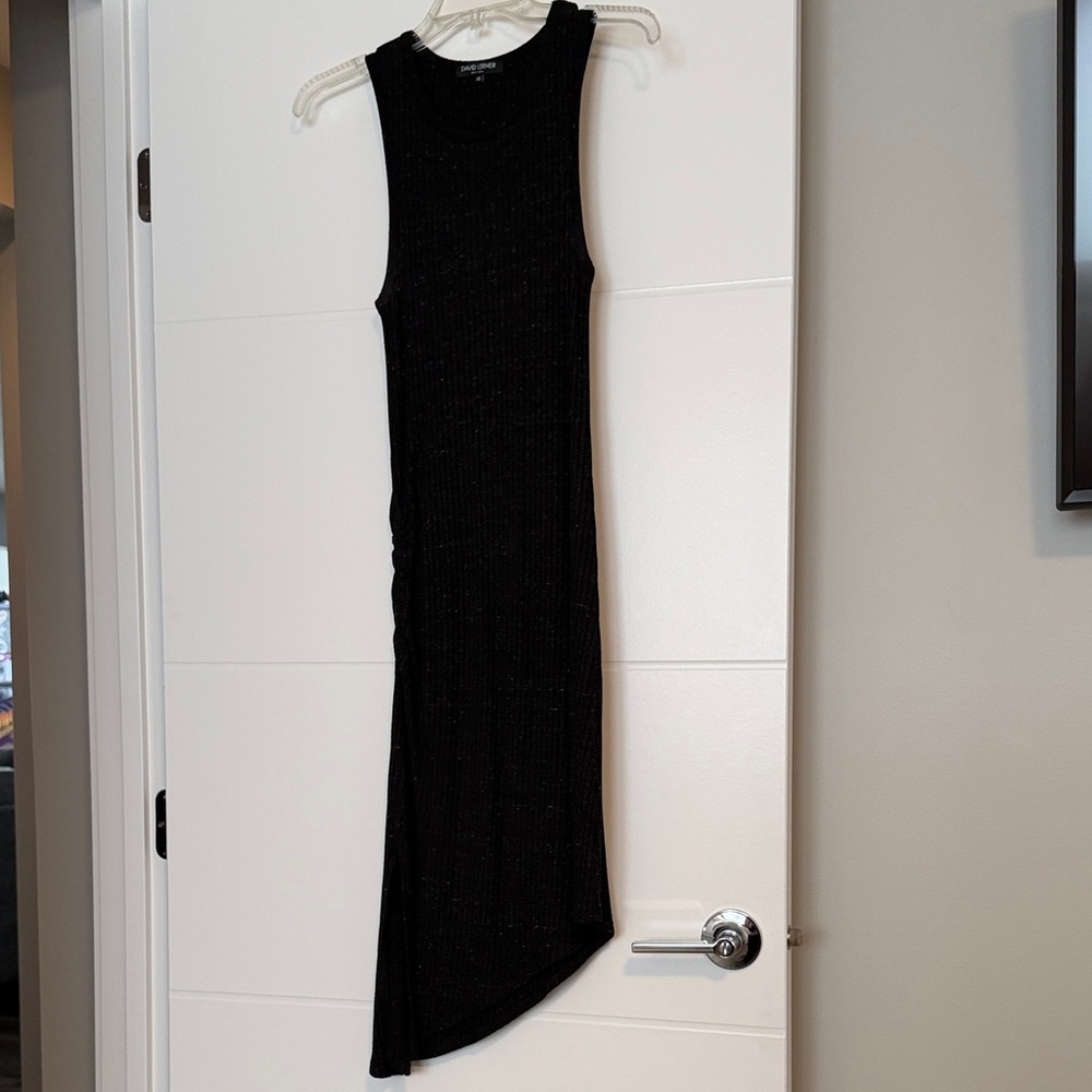 David Lerner Black Asymmetrical Ribbed Maxi Dress